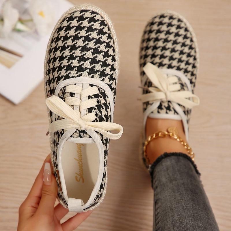 Breathable Linen Casual Flat Shoes Woman Espadrilles Loafers Ladies Comfy Houndstooth Print Canvas Zapatos Soft Driving Footwear