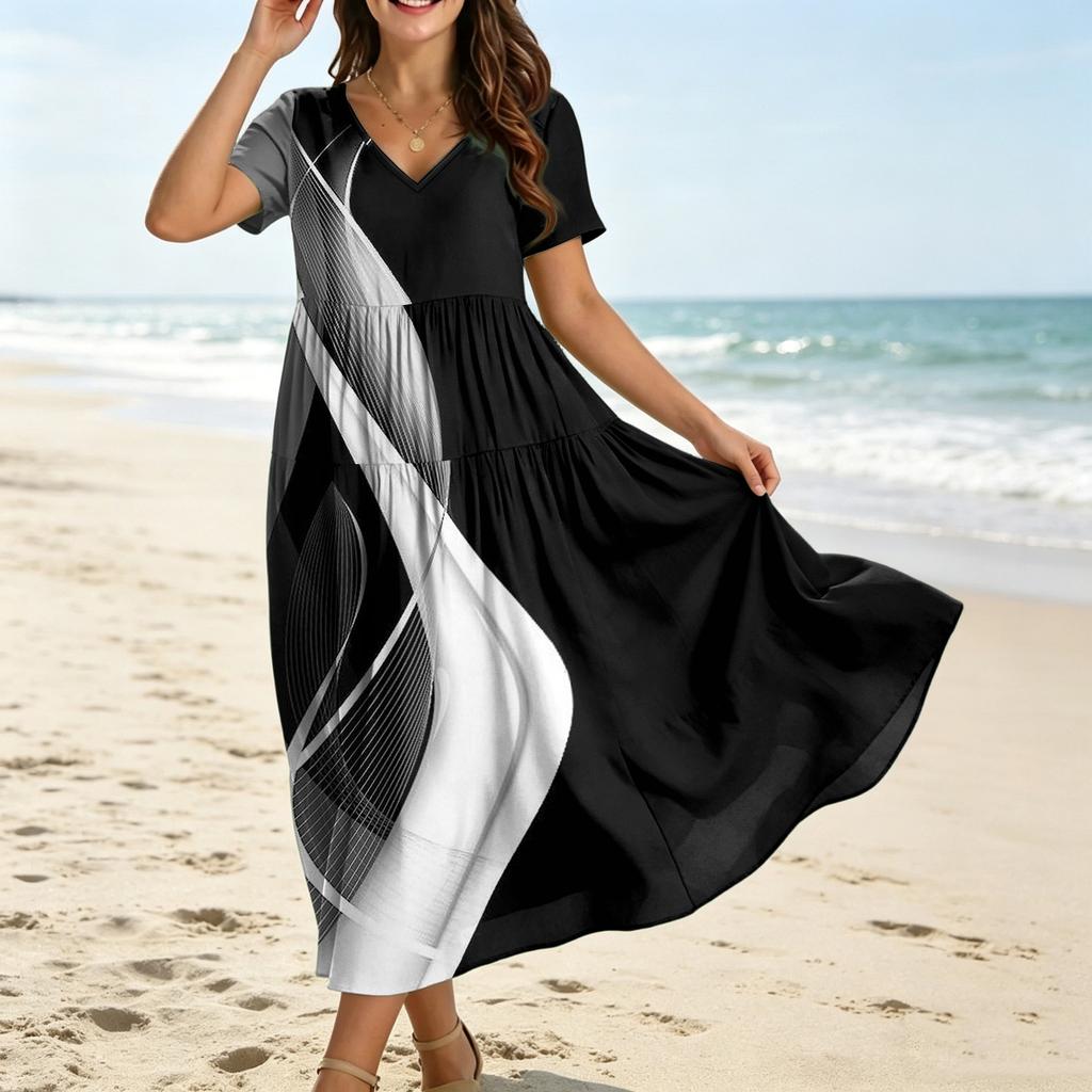 Women Loose Fit Bohemian Style Short Sleeve V Neck Dress with Gradient Floral Print Casual Summer Midi Dress