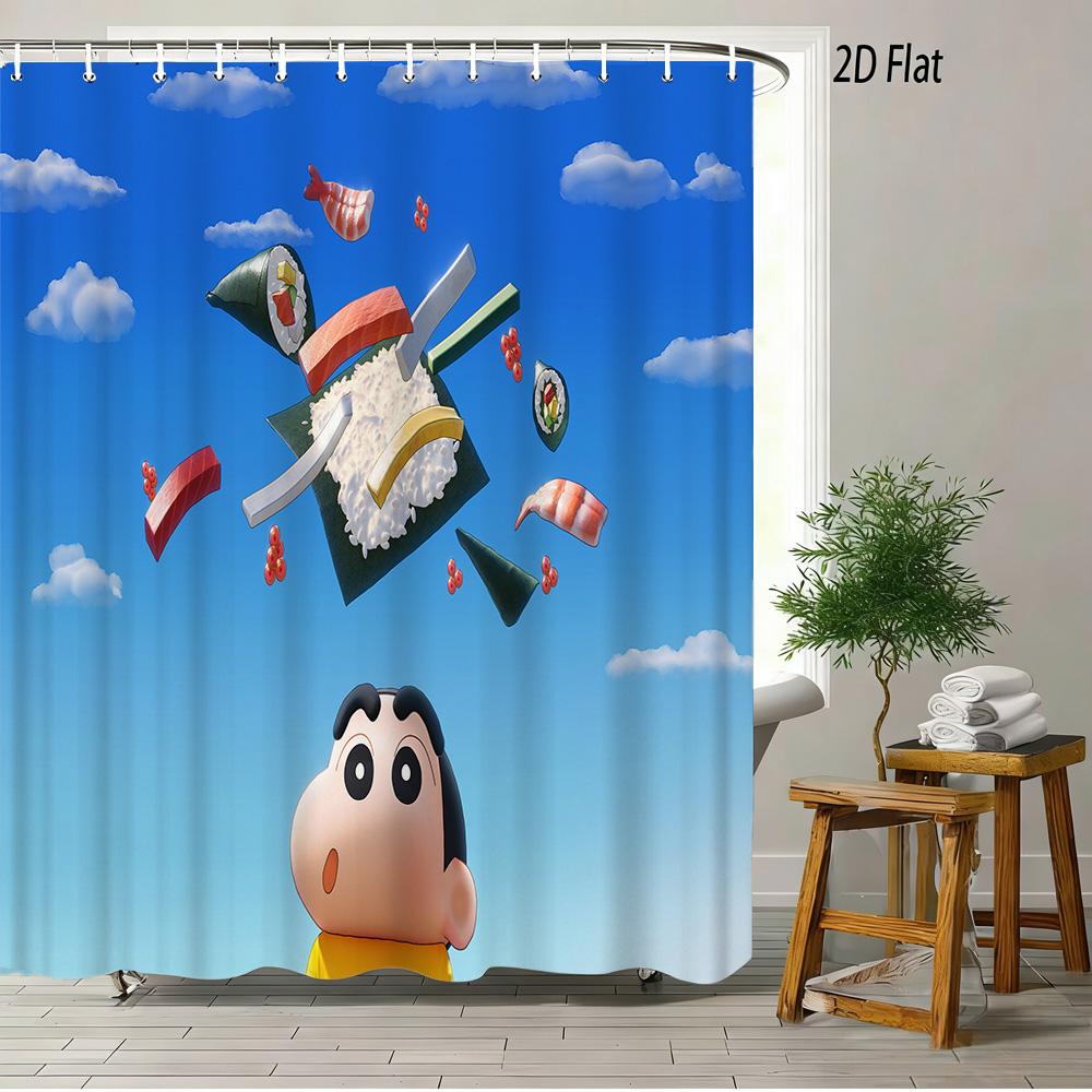 Crayon Shin-Chan & Shiro Checkerboard Pattern With Camera & Radio 2D Print Waterproof Shower Curtain, Yellow & White Bathroom De