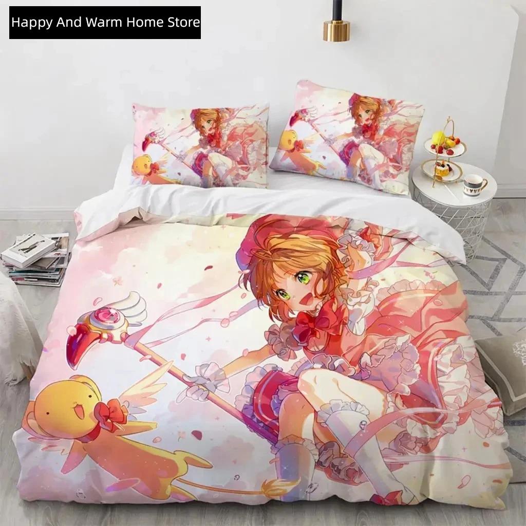 Anime Cardcaptor Sakura Beding Set,Soft Duvet Cover Warm Comforter Bed Linen Set Comfortable Quilt Cover Pilowcase,King Quen Twin Sized Dimensions