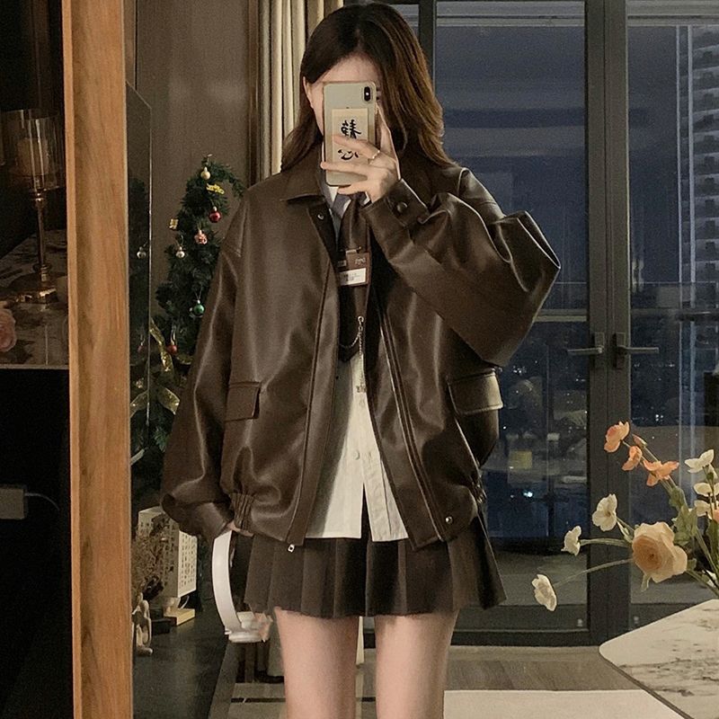 

Kumikumi Американский винтаж PU Кожа Куртка с длинным рукавом и хлопковой подкладкой Верхняя одежда Женская Осень Ламповая шерсть Лацкан Универсальная куртка Топ Curry lined Outwear XL