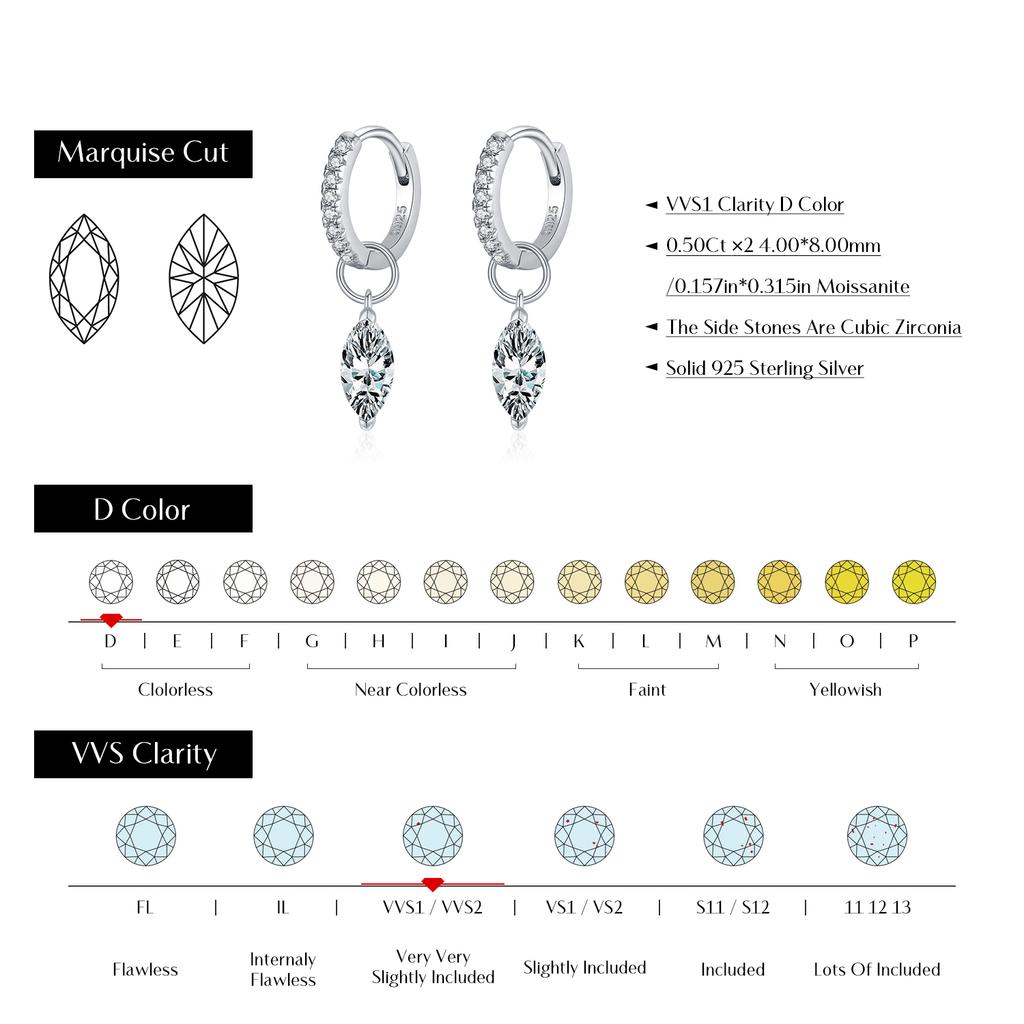 MODIAN 0.5Ct D Color Rhombic Moissanite Ear Buckles 925 Silver Luxury Shiny Hoop Earrings for Women Wedding Jewelry