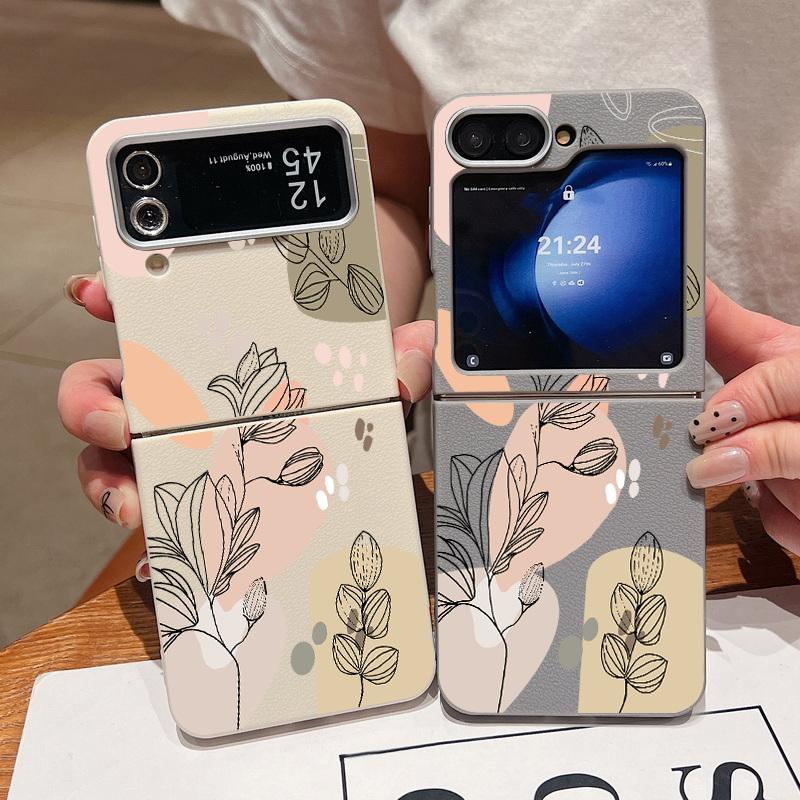 Leather Texture Soft TPU Folding Case For Samsung Galaxy Z Flip7 Flip6 Flip5 Flip4 Z Flip 7 FE 6 5 3 5G Plant Print Phone Cover