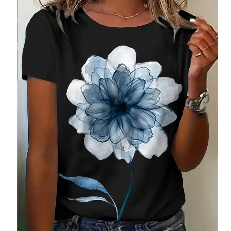 Women Summer T Shirt Retro Fashion Short Sleeve Tees Casual Flower Printed  Tops