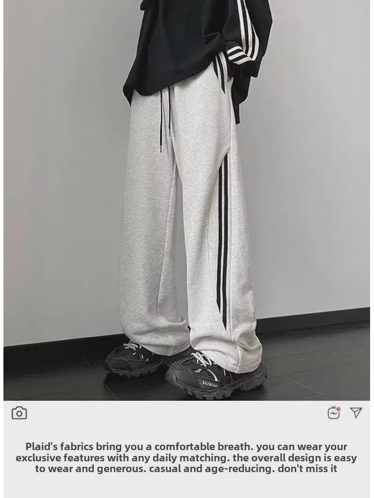 Men's Gray Casual Straight-Leg Sweatpants - Autumn/Winter Trendy Loose Fit with Drape and Plush Lining