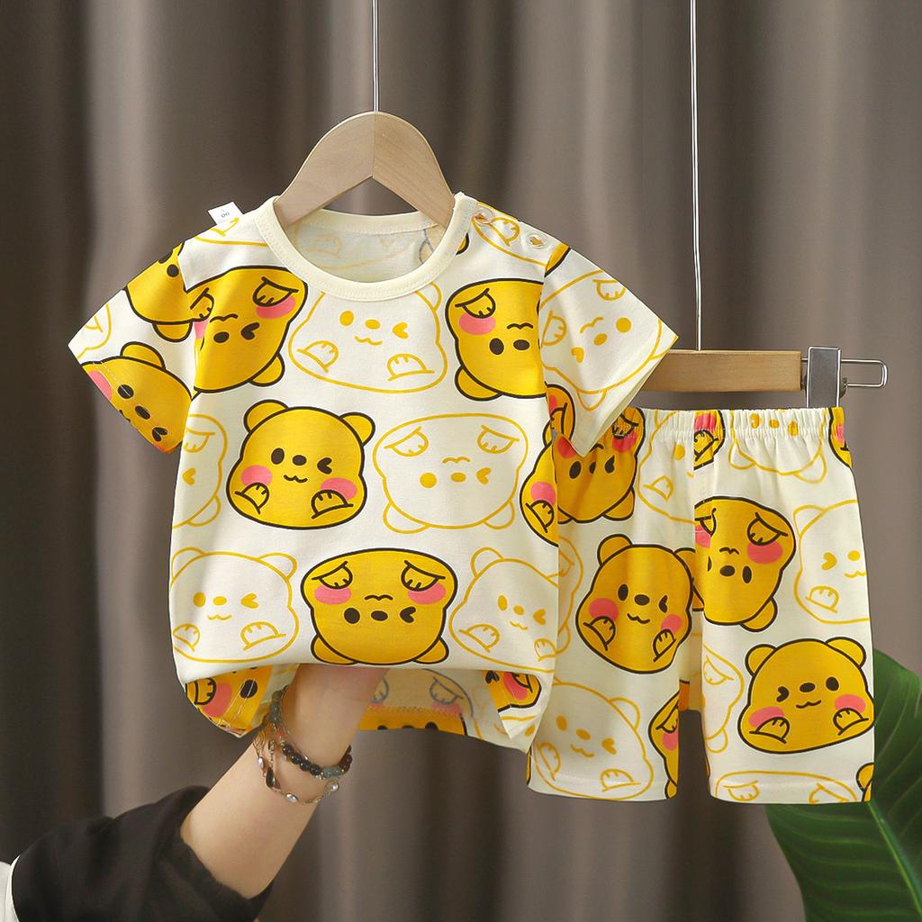 Kids Cotton Short Sleeve 2Pcs Set, Summer Shoulder Snap T-shirt & Shorts for Toddler Boys Girls