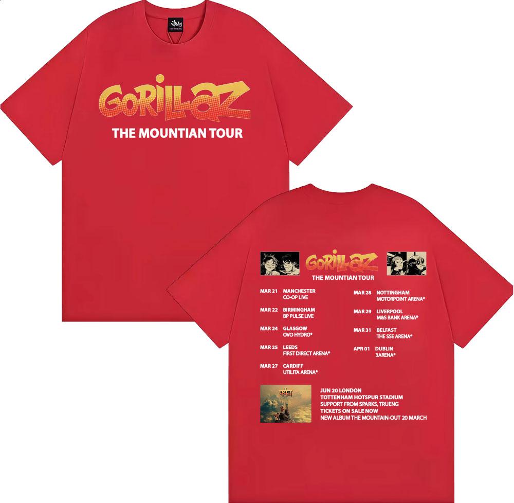 

Группа Gorillaz Новый Альбом The Mountian Tour Футболки Мужские Женские Винтажная Мода Мультяшные Футболки Хлопок Повседневная Футболка с Коротким Рукавом S красный