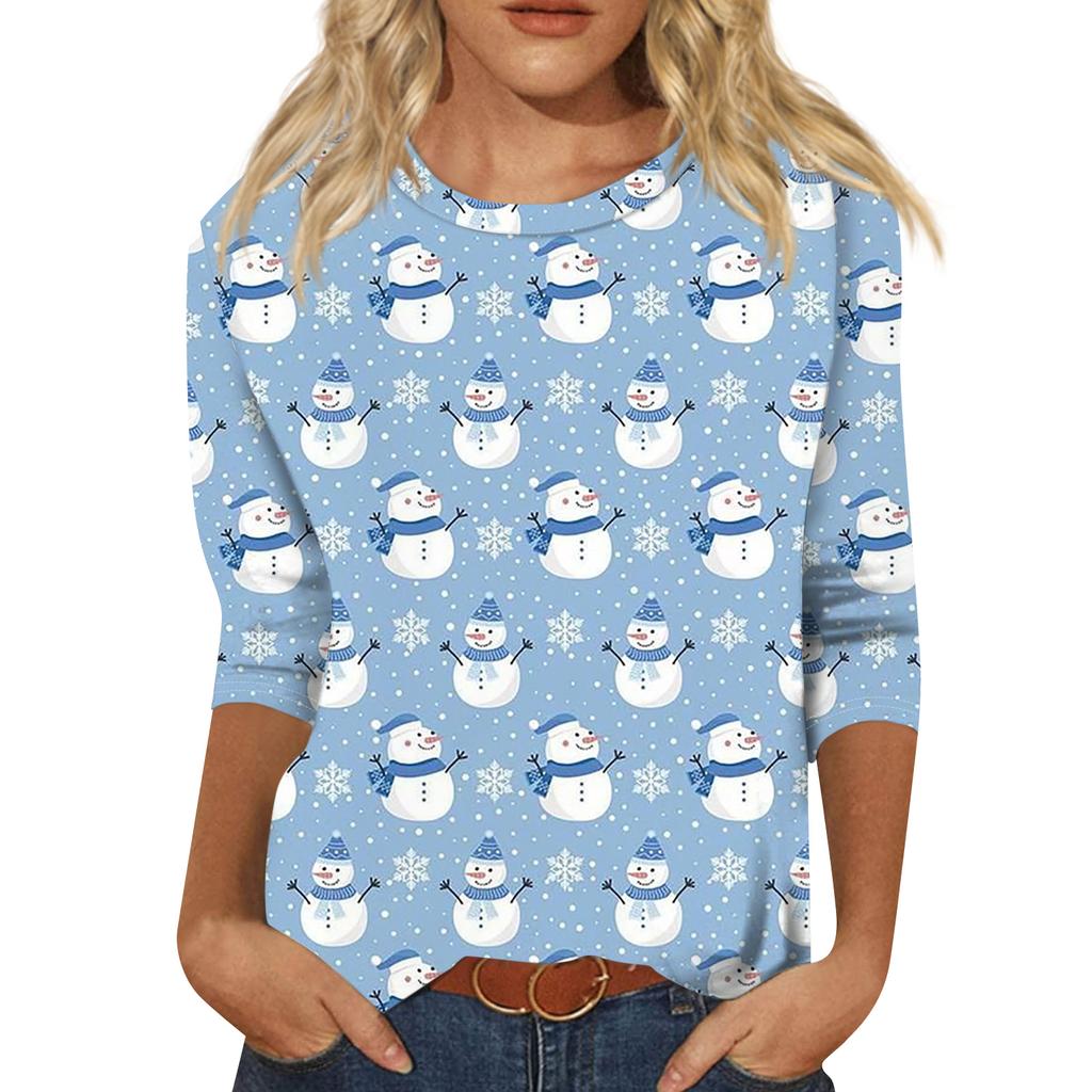 Women's Fashion Casual Round Neck 3/4 Sleeve Loose  Printed T-Shirt Ladies Top