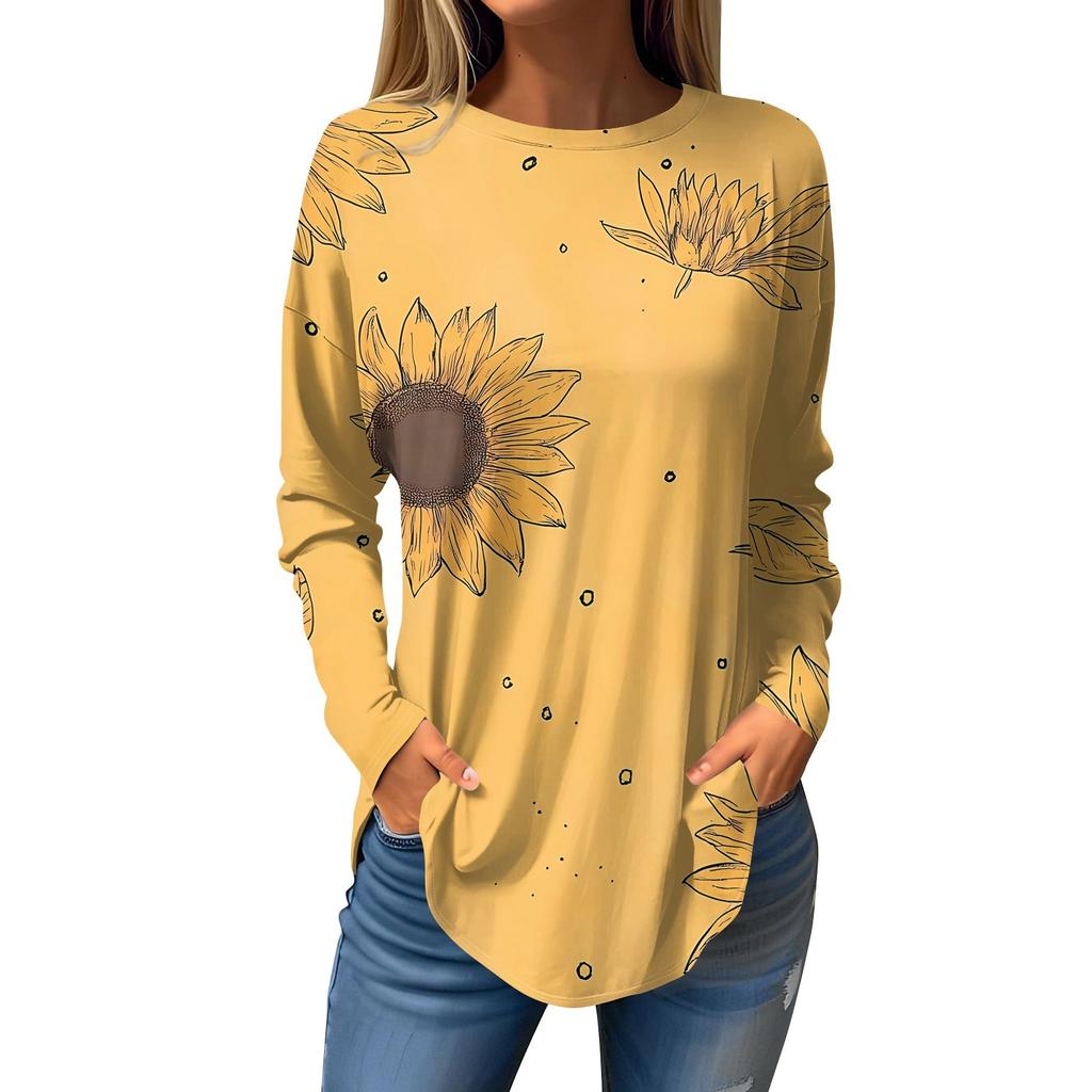 Dames Losse Ronde Hals Print Lange Mouw T-shirt Top Pullover