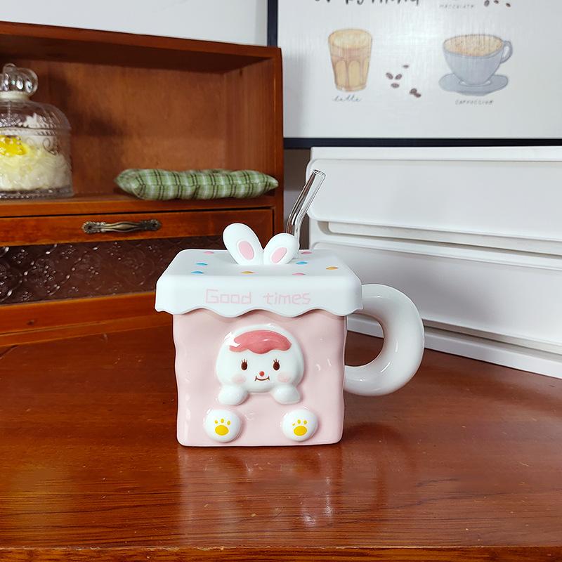 Cana Iepure Tridimensional Drăguță cu Capac Pai Cadou Creativ pentru Fată Cană Ceramică Pătrată pentru Mic Dejun Birou