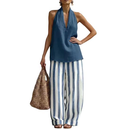 Women Cotton Linen 2 Piece Sets Sleeveless Halter V Neck Top And Striped Wide Leg Pants Sets Summer Vacation Lounge Outfits