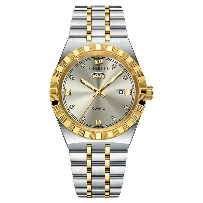 Men'S Watch Stainless Steel Waterproof Non-Mechanical Luminous Calendar Fashion Steel Belt Watch