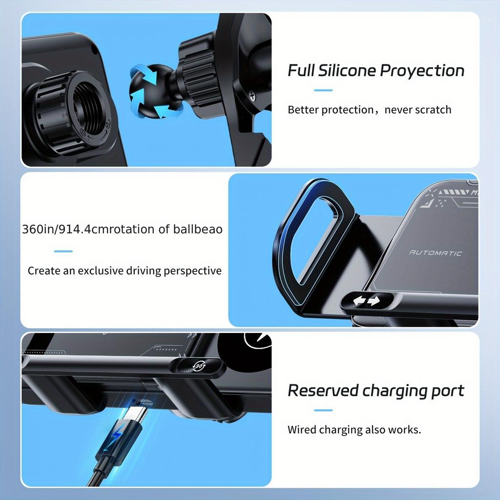 15W Wireless Car Charger Holder For Z Fold6 Fold5 Fold4 Fold3 Fold2 Fold Ultra 16/15/14/13/12 Pro Max 4.3-inch-6.9inch Mobile Phone Automatic Clamping