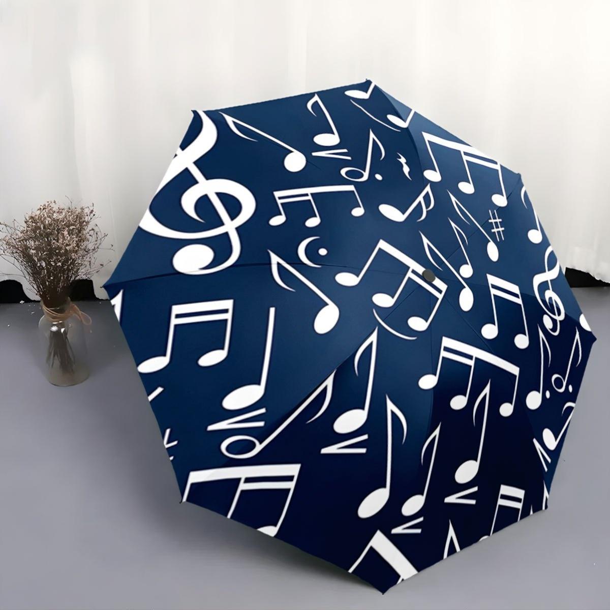 

Automatic Open/Close Umbrella with Music Notes Design - Navy Blue Musical Pattern (Treble Clef, Notes), Compact Folding Umbrel Iron&8K