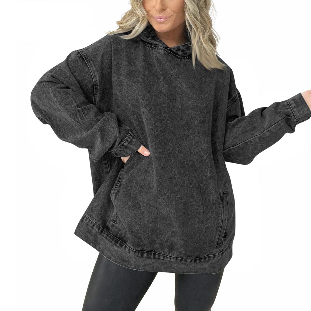 Women's Casual Pullover Denim Jacket Vintage Distressed Jean Hoodie Jacket Tops