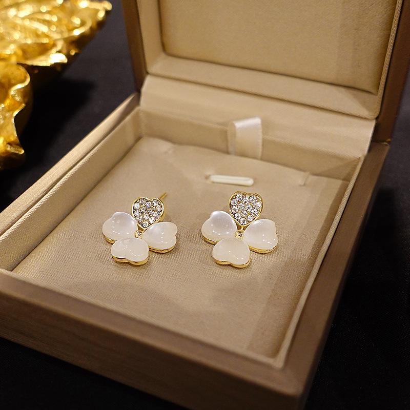 

Серьги-пусеты Клевер Кошачий глаз - Изысканный минималистичный корейский дизайн с серебряной иглой золотой