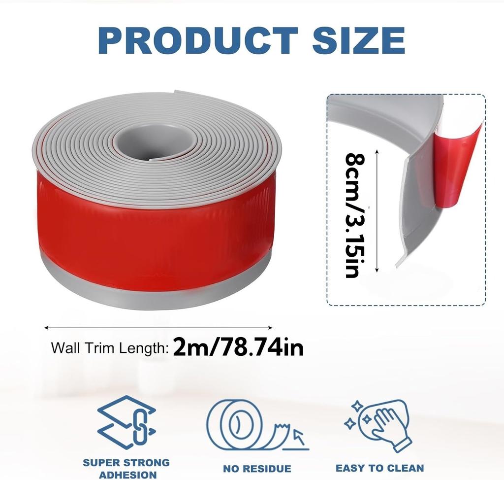 1PC 1m/78.74inch Wide Flexible Baseboard Made Of Soft PVC Kickboard Line, Plastic Floor Skirting Line, Self-Adhesive Decorative