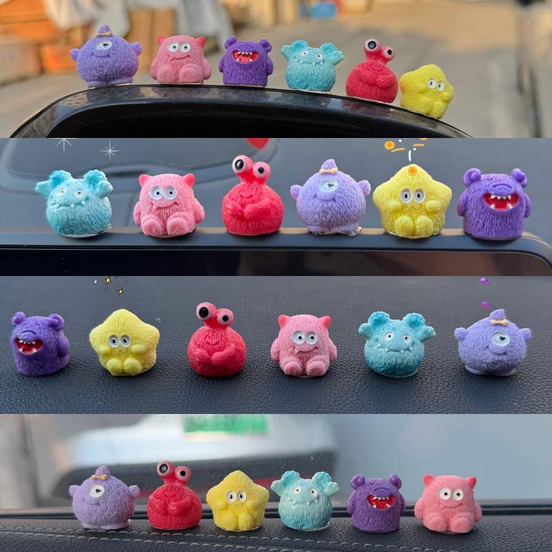 6Pcs Cute Fuzzy Monster Colorful Mini Cartoon Figurines Car Dashboard Ornaments for Child Small Gifts
