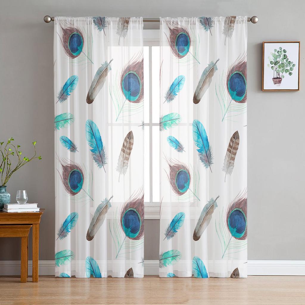 Peacock Feathers Green Curtain Window Tulle For Living Room Bedroom Kitchen Chiffon Sheer Window Treatment Decorations