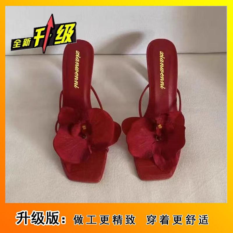 2025 new flower decoration toe high heel cool slippers women's summer wear tide Internet celebrity travel beach shoes Europe and the United States