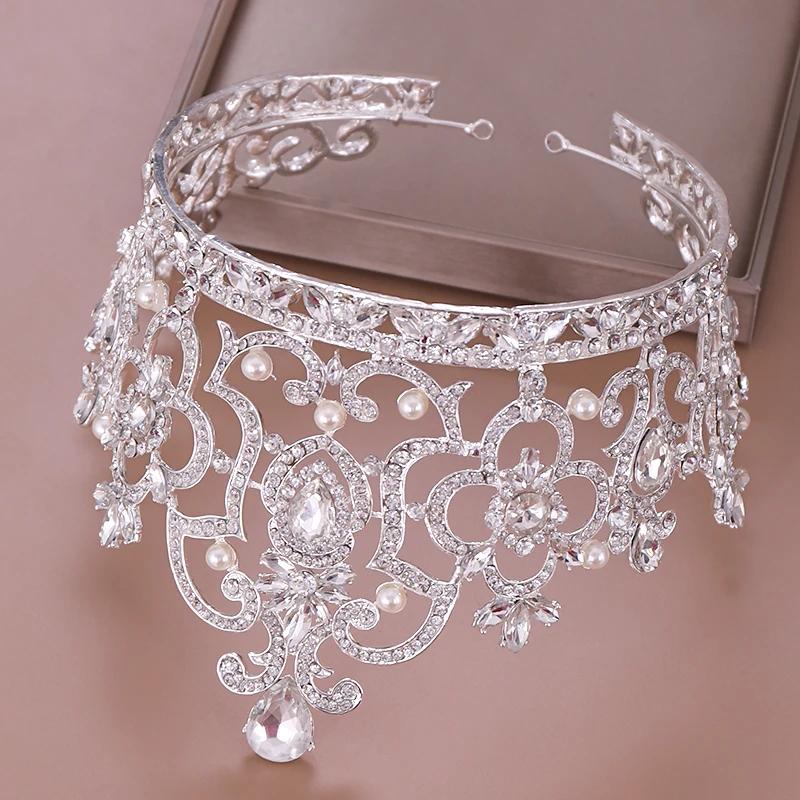 Baroque Vintage Crystal Pearl Big Tiara Crown Diadem Queen King Head Jewelry Bridal Tiaras Wedding Hair Accessories Ornaments
