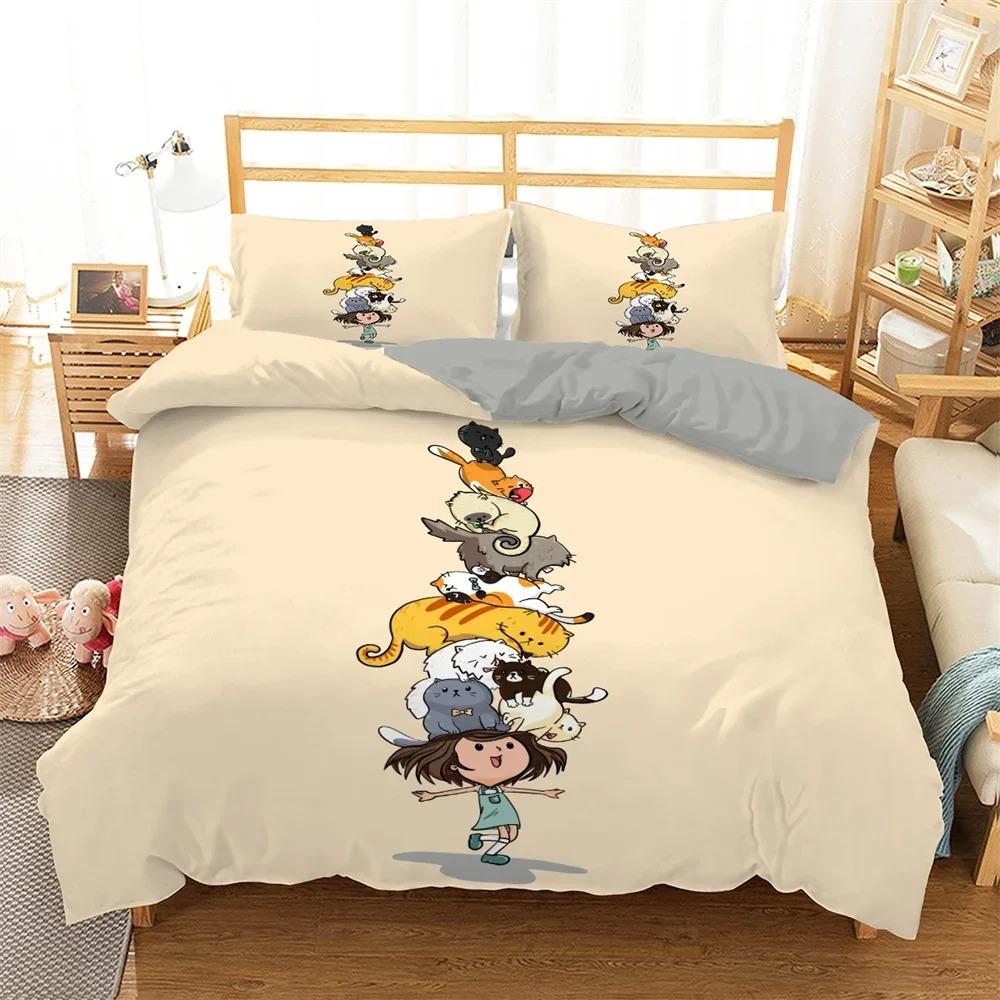 Conjunto de cama de gato de desenho animado infantil Kawaii Kitty Capa de edredom colorida para animais de estimação Capa de edredom King Twin Queen Capa de edredom de poliéster