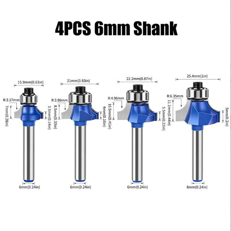 1/4 Inch Shank 6mm Shank Blue Roundover Router Bit Set Carbide Wood Router Bits for Woodworking