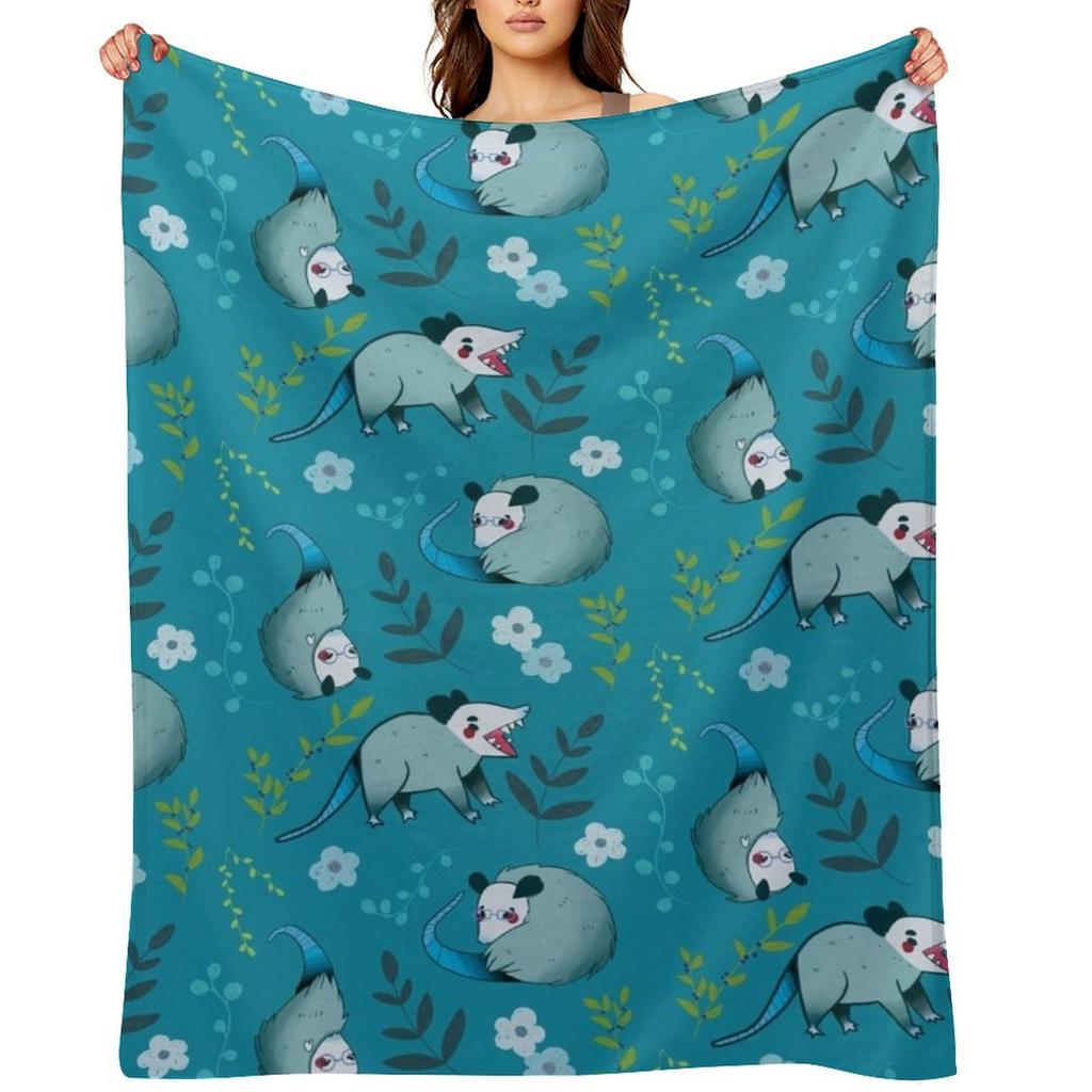 Possum - Cute Blue and Green Cartoon Animal Pattern Throw Blanket Tourist Blankets For Sofas Custom Flannel Fabric Blankets
