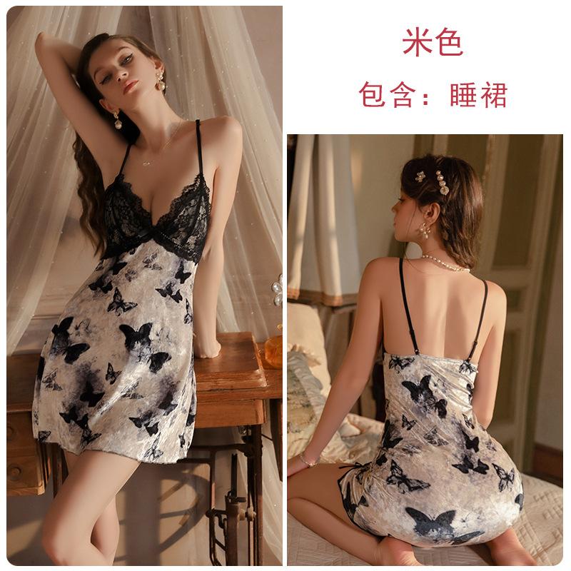 Women's Velvet Lace Butterfly Print Low Cut Push Up Padded Sleep Dress with Robe Set