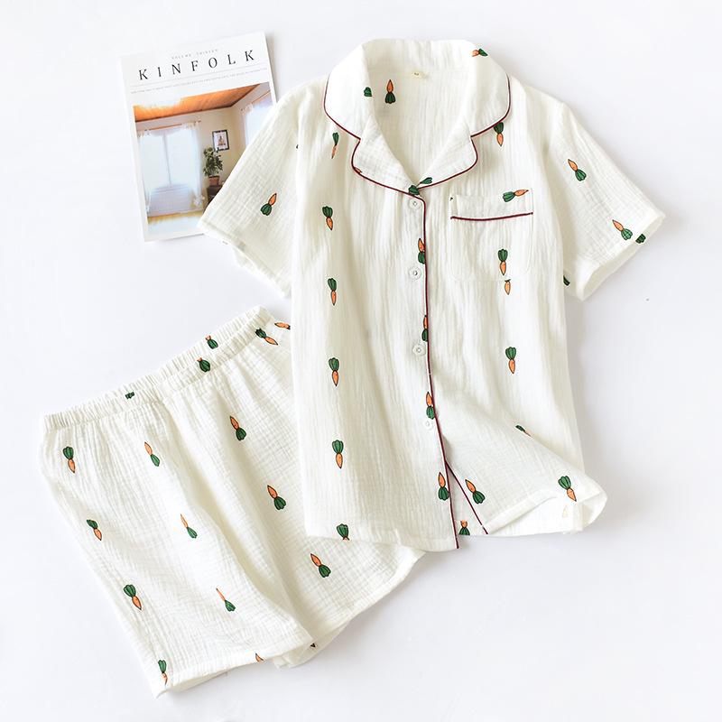 New Ladies Pajamas Suit Summer Comfortable Cotton Gauze Lapel Pajamas Suit Women Thin Loose Cartoon Carrot Printing Home Service
