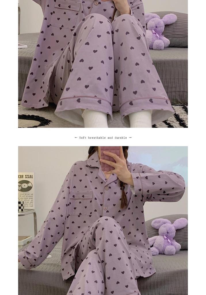 Korean Style Women's Heart Pajamas - Long Sleeve & Pants, Spring/Autumn Casual Wear