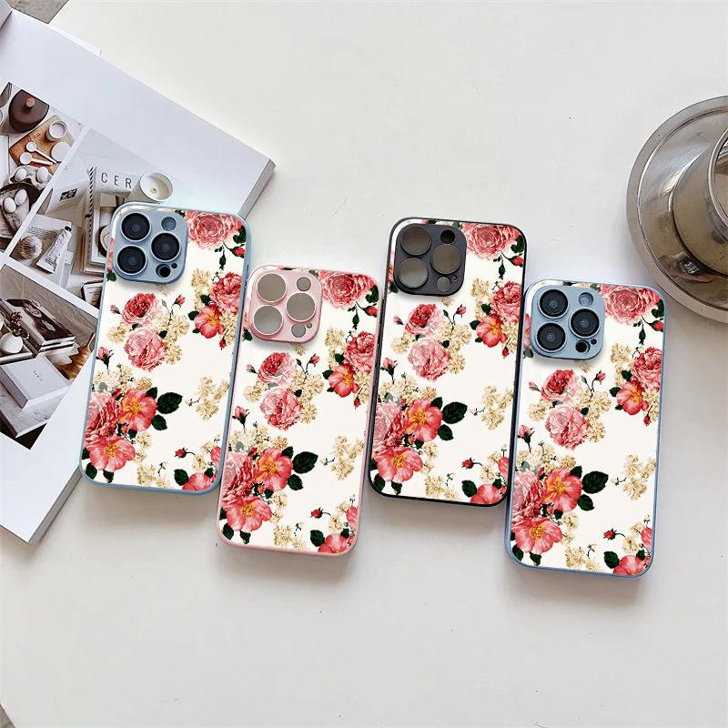Applicable iPhone17ProMax Spring Flowers Metallic Lacquer Glass Mobile Phone Protective Case 17 All Inclusive 15 Fine Holes 16