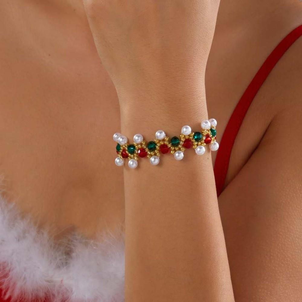 Red Green Christmas Beaded Bracelet Faux Pearls Holiday Wrist Band  Charm Lovers