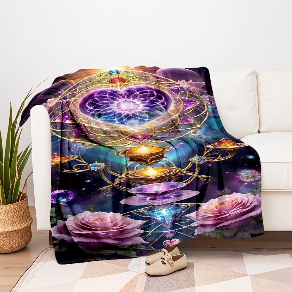 "Enchanted Mandala Crystal Heart Decor"Blanket Flannel Throw Blanket for Sofa, Bed, Travel, Camping, Office