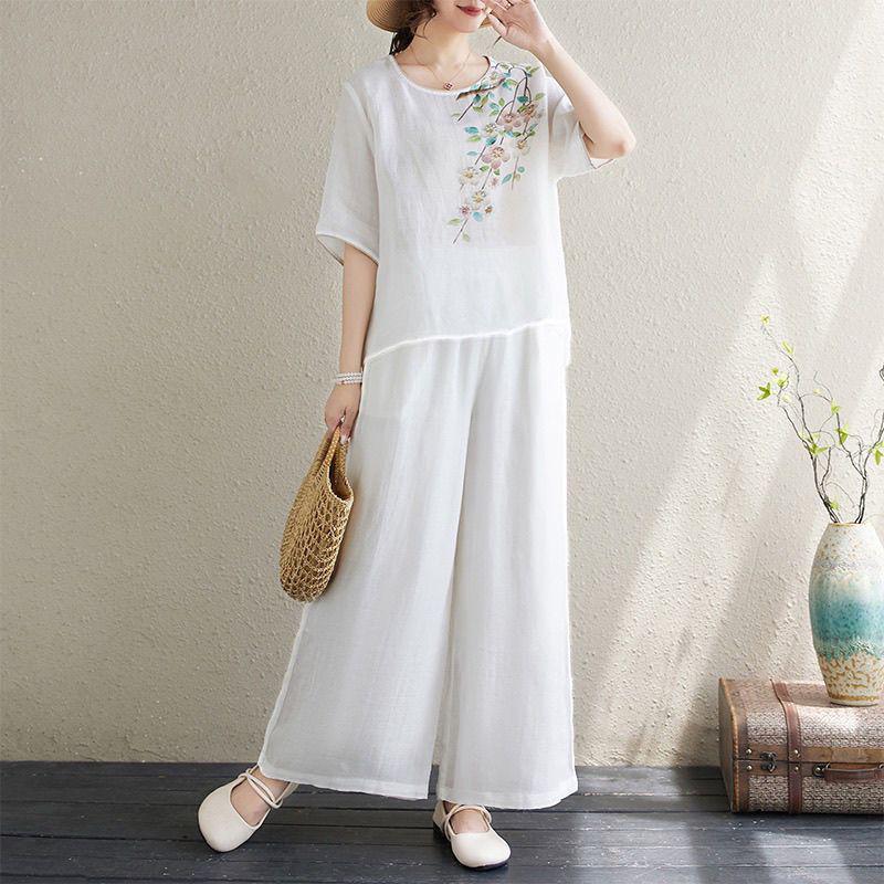 

Винтажный комплект из хлопка и льна с принтом для женщин, состоящий из двух частей: Летний пуловер и легкие широкие брюки с облегающим топом, короткий рукав 3XL