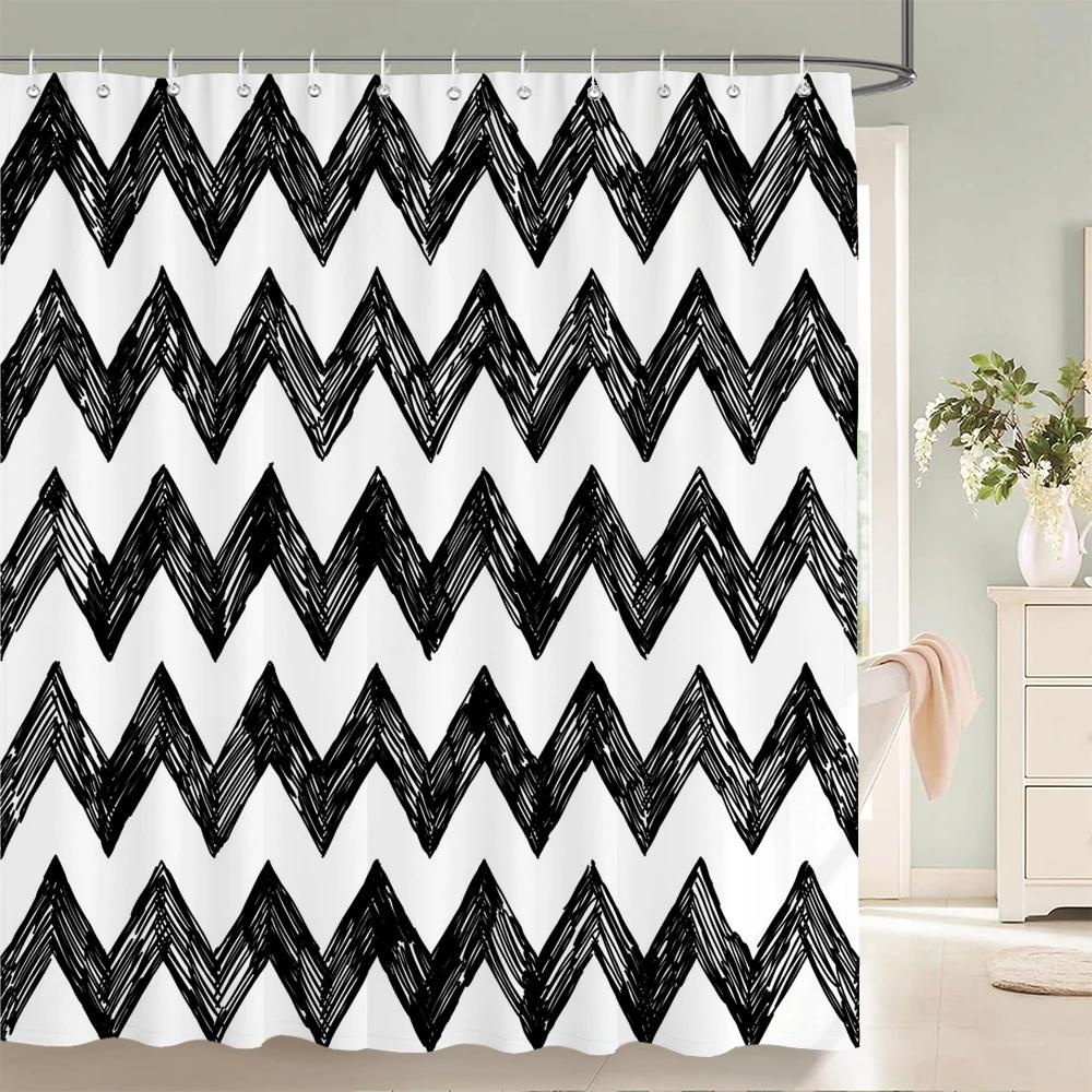 1 Pc Black White Geometric Print Polyester Shower Curtain Waterproof Fabric Partition Bathroom Curtain ,Decoration Bath Curtain