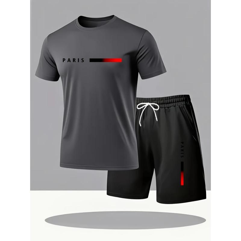 Herren Sommer T-Shirt und Shorts Set Lässige Entspannte Passform Sportliches Rundhals Kurzarm T-Shirt Paris Buchstaben Druck Zweiteiliges Set