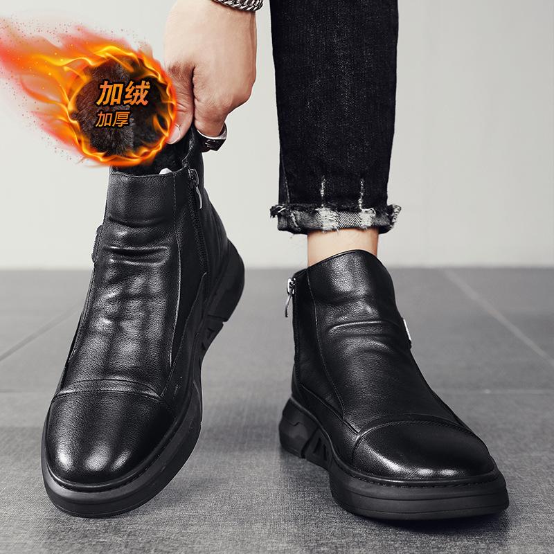 High-top Shoes Winter New Leather Waterproof Chef Casual Leather Boots Outdoor Velvet Warm and Cold-resistant Cotton Shoes