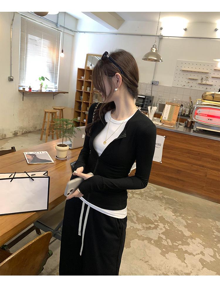 Women's Korean Style Colorblock Zip-Up Cardigan Long Sleeve T-Shirt - Autumn/Winter 2024 Slimming Top