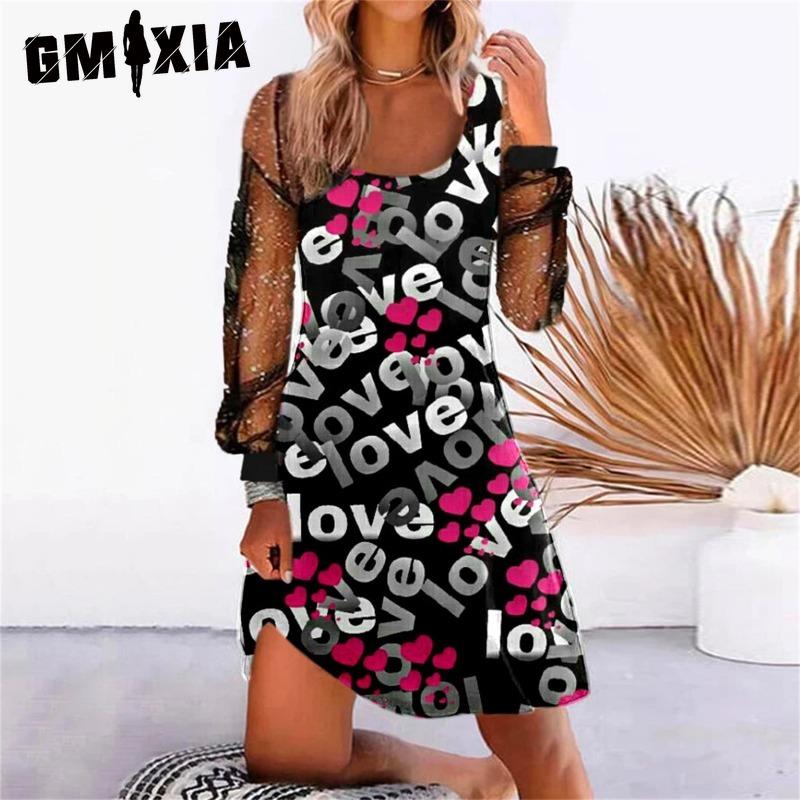 GMXIA Women's Fashion Spring Autumn Solid Color Print Long Sleeve U-Neck High Waist Casual Dresses