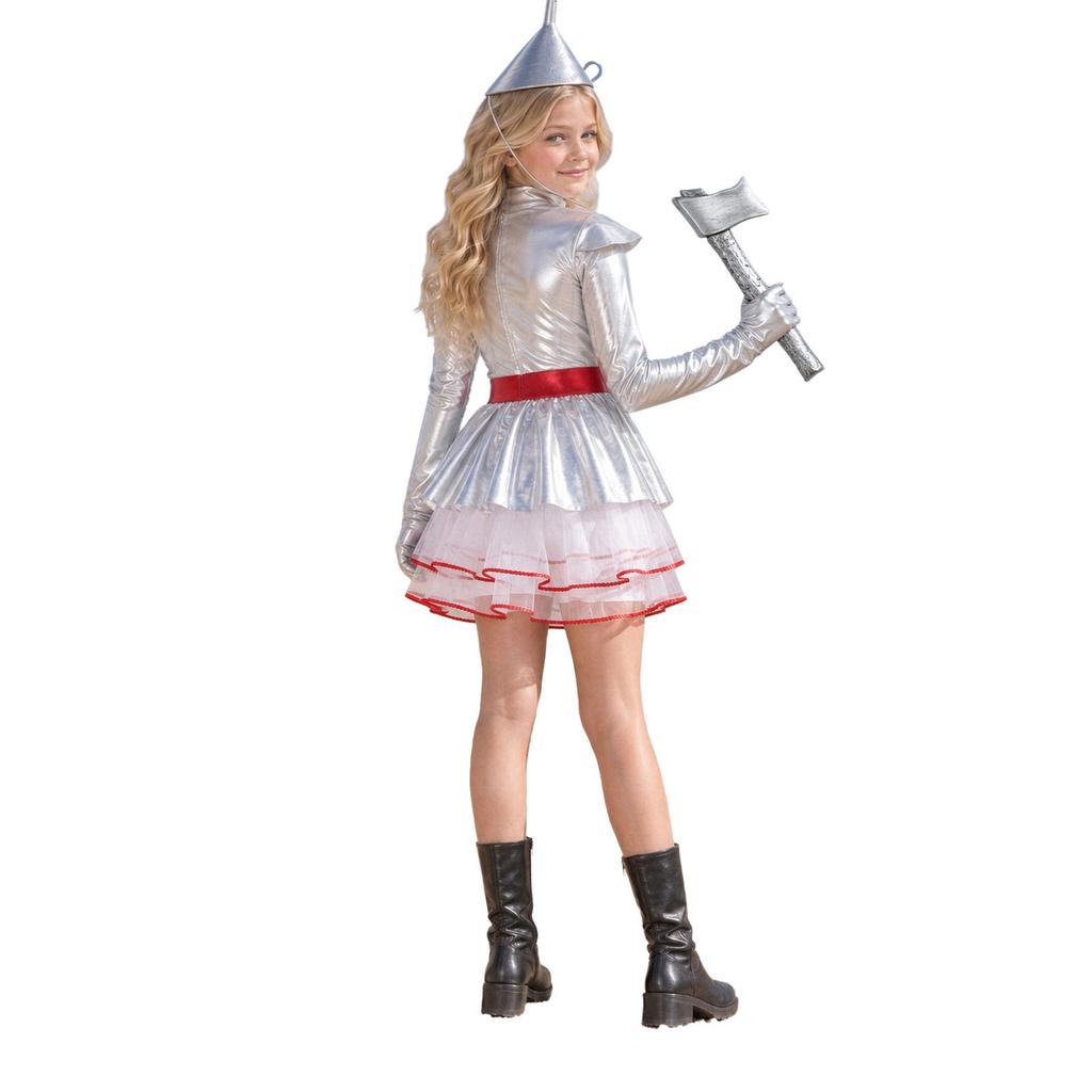 Kids Girls Halloween Tin Costume Mock Neck Long Sleeve Back Invisible Zipper Metallic Tulle Tutu Dress with Hat Axe Gloves for Role Play Theme Party