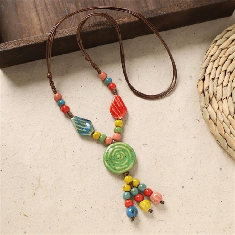 Delicate Ceramic Flower Beaded Necklace Handcrafted Retro Long Sweater Chain For Various Occasions