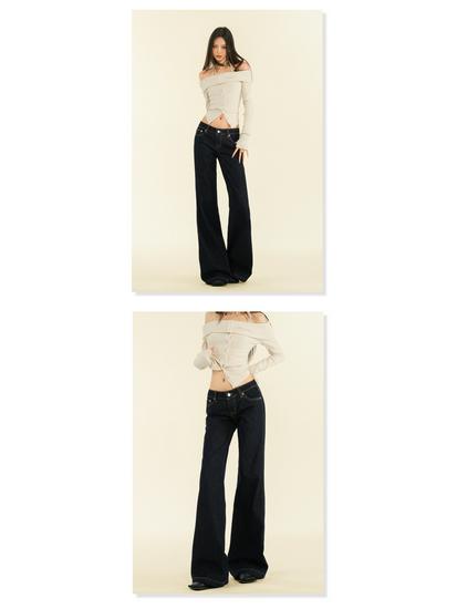Women's Original Blue Micro-Flare Low-Rise Jeans, Autumn/Winter 2024: Trendy Slimming Wide-Leg Style