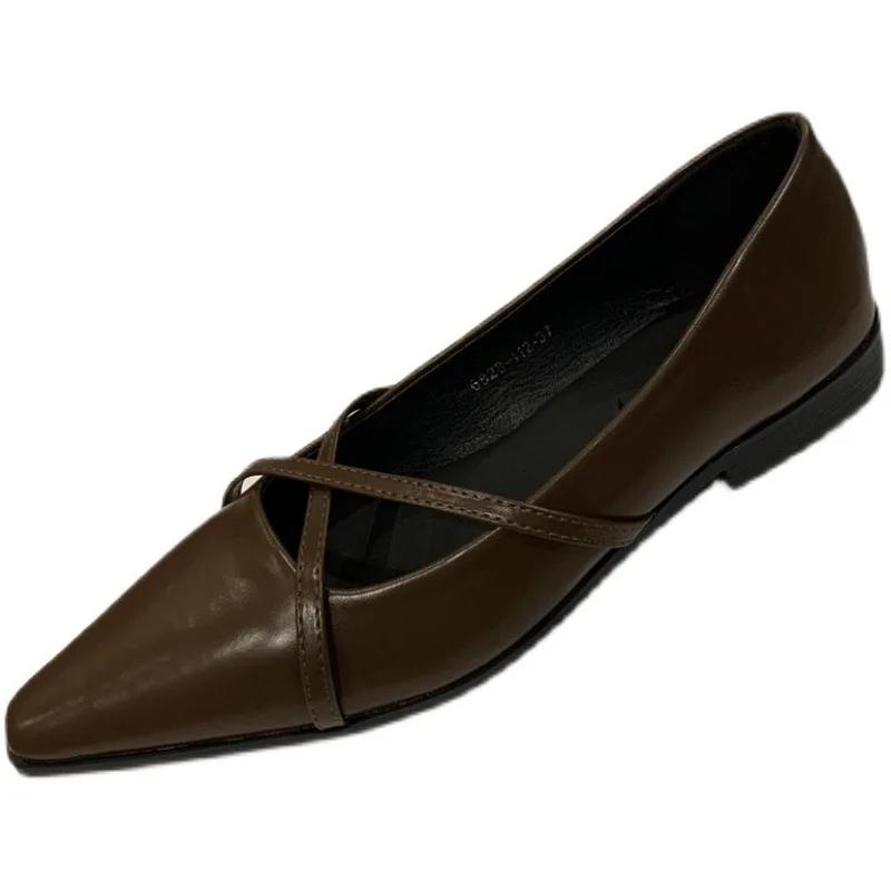 Cross Strap Women Mary Jane Shoes New 2025 Autumn Pointed Toe Dress Flat Shoe Ladies Red Soft Sole Ballet Shoes Zapatos