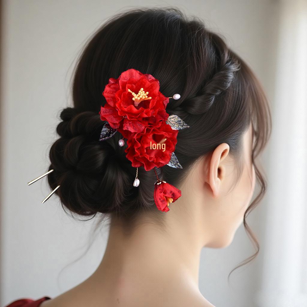 Red Silk Flower Ancient Style Hairpin and U-Shaped Pin Hair Accessory for Qipao, Hanfu, or Wedding