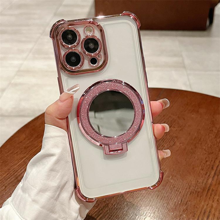 Four Corner Plating Is Suitable for Apple 16PRO Flash Powder Mirror Mobile Phone Case Iphone12/11 Ring Support Protective Cover