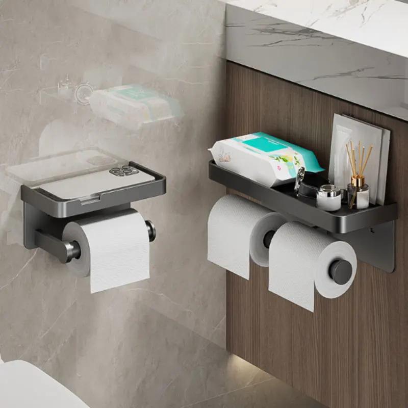 Aluminum Alloy Paper Holder Wall-Mounted Toilet Roll Paper Holder No Drilling Bathroom Kitchen Paper Holder