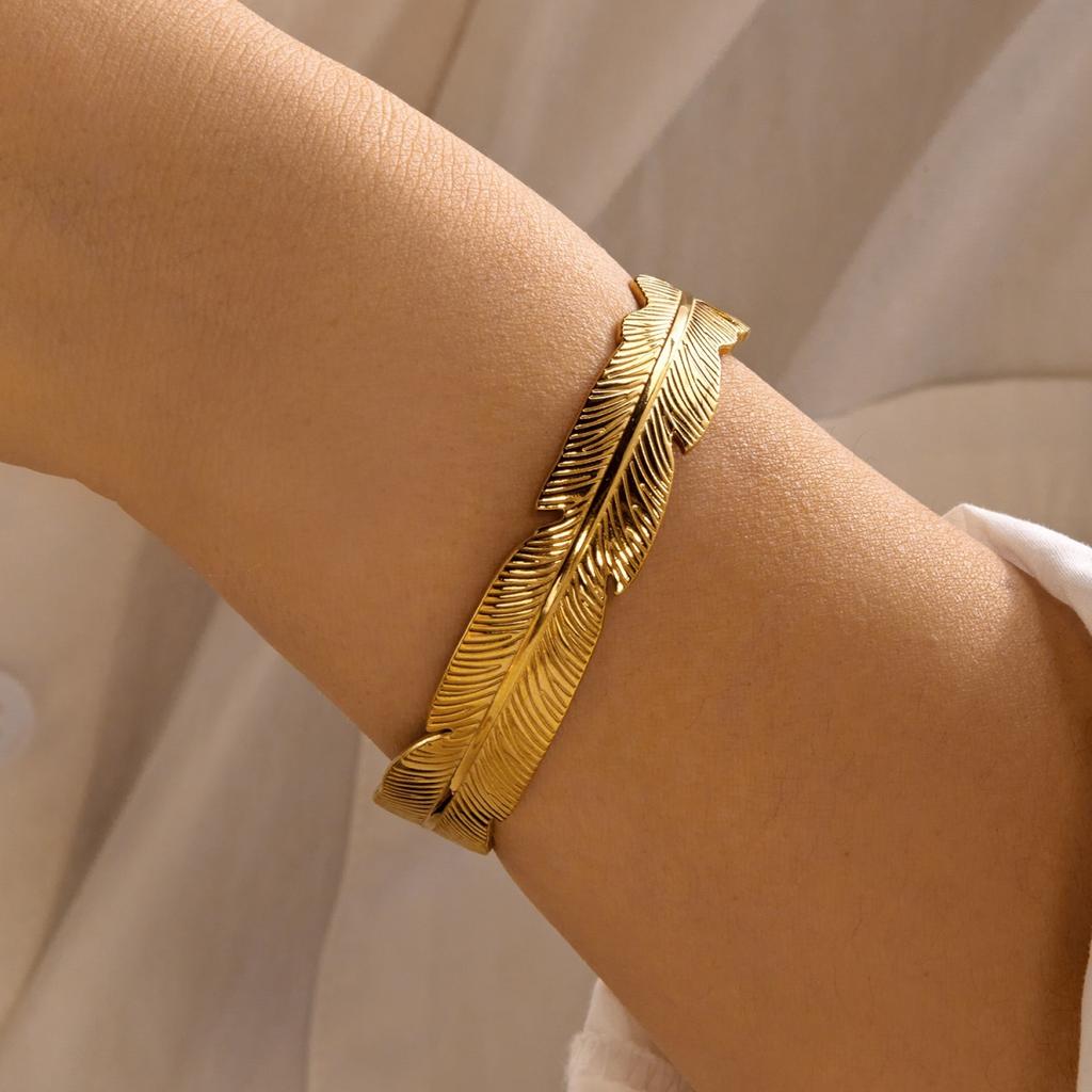 Stainless Steel Textured Feather Round Beads Wrapped Flower Open Cuff Bracelet For Women Men Dainty Vintage Plant Bangle Jewelry