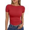 Damen Schwarzes Bootausschnitt Kurzarm Enganliegendes Raffung Crop Top