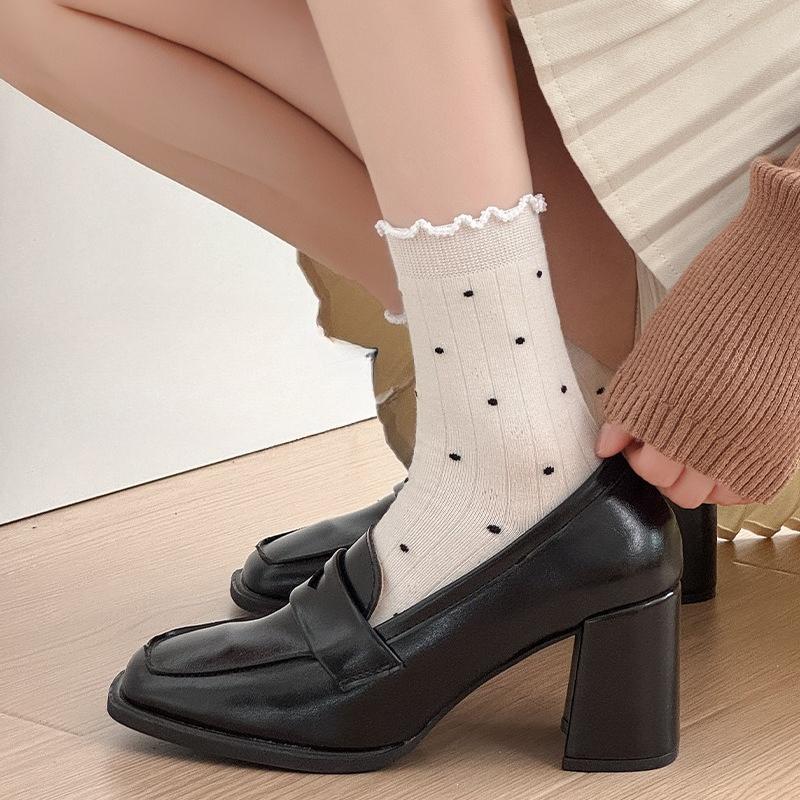 Black Fungus Polka Dot Mid-calf Socks for Women, Cotton Socks for Autumn and Winter, Boneless Pile Socks for Trendy Ladies